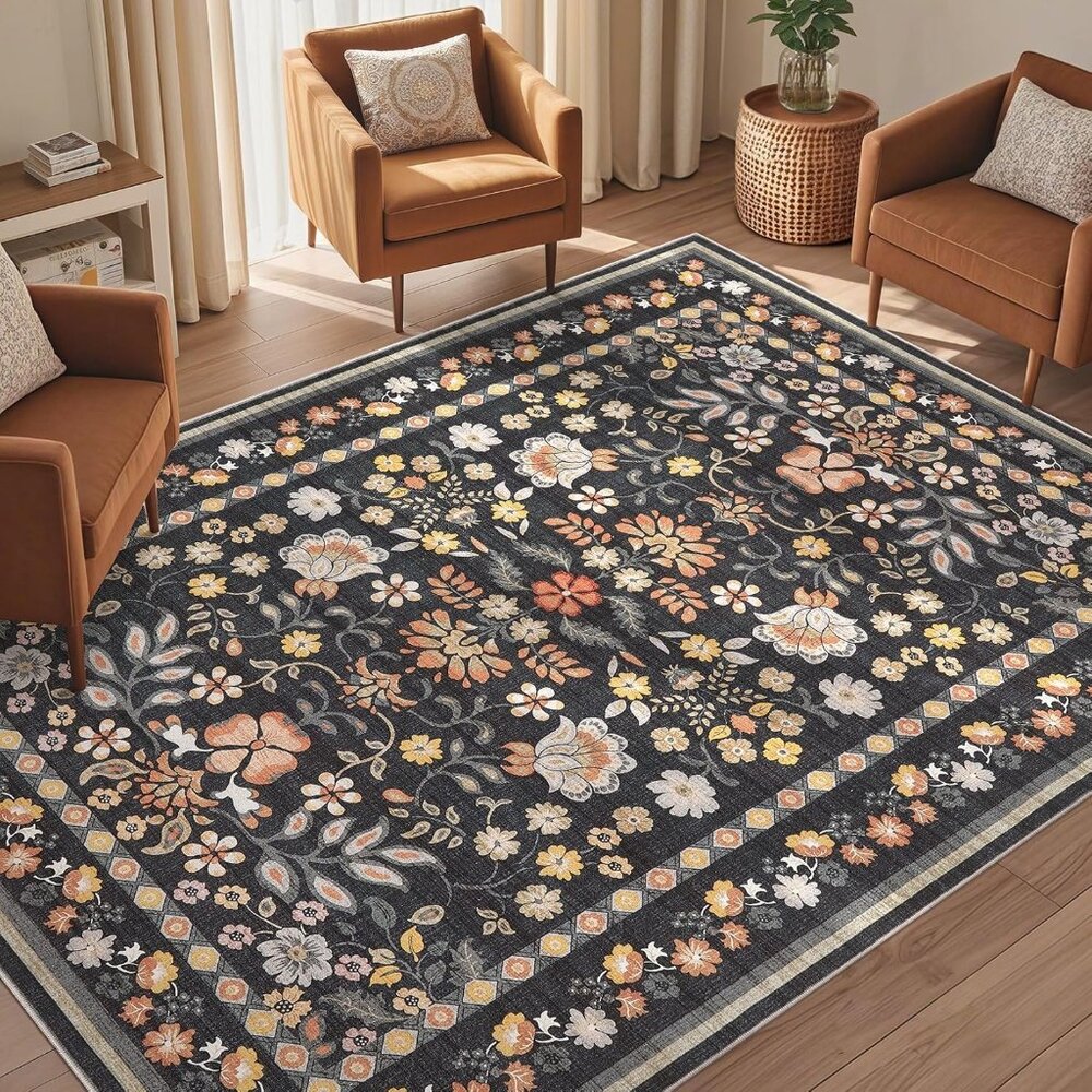 New 5x7 Black Grey Area Rug, Washable Vintage Floral Non-Slip Low Pile Carpet